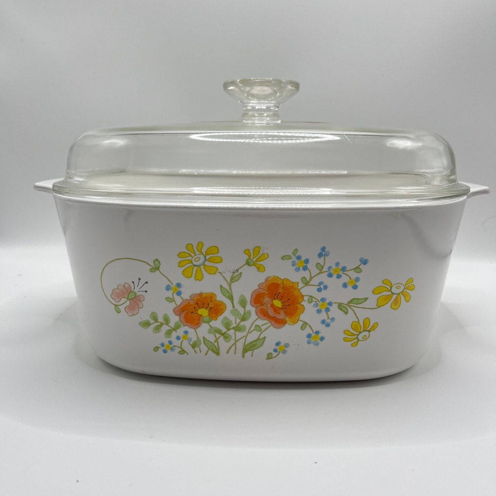 Corning Ware 5 Liter Casserole Dish Wildflower Pattern Vintage White Baker Lid